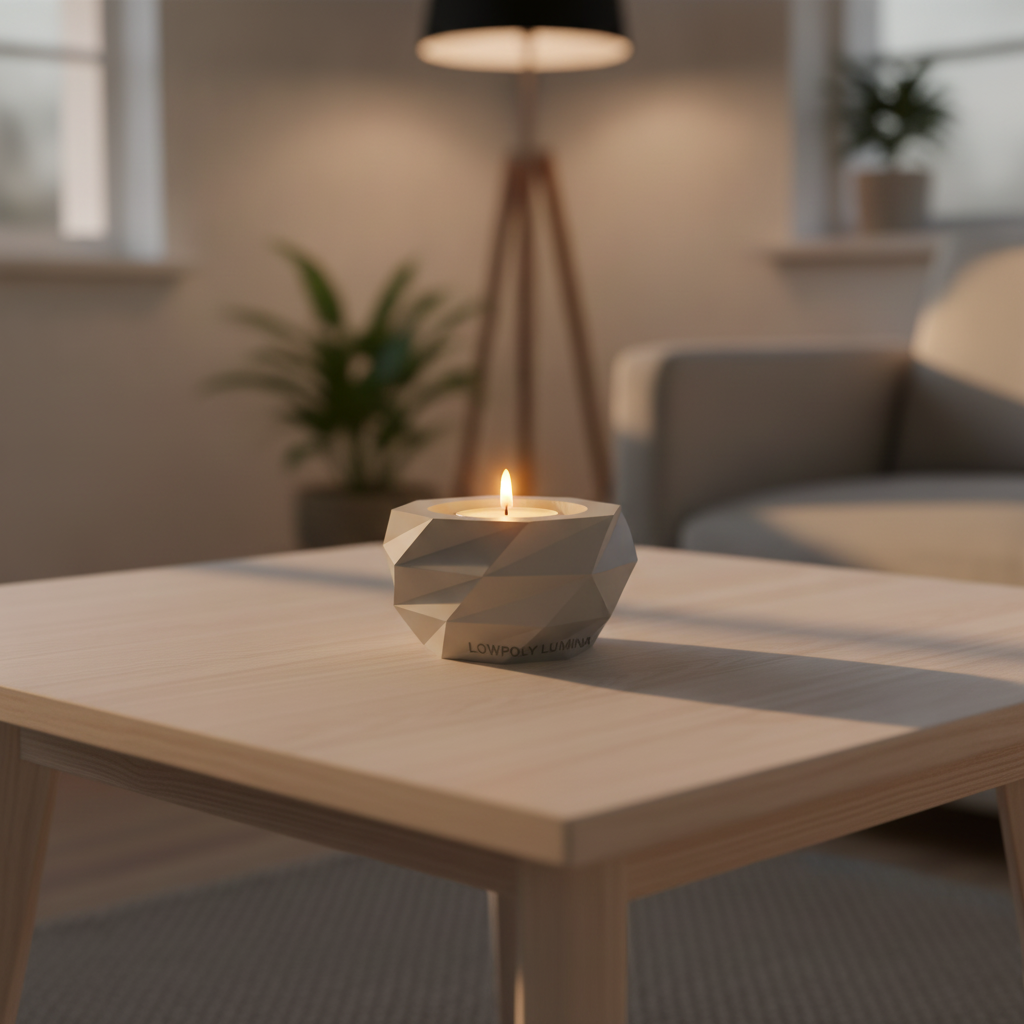 Suport pentru lumânare Low Poly cu tealight pe măsuță de cafea într-un living modern
