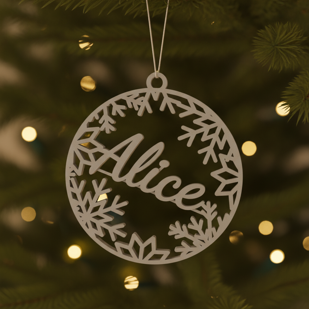 Ornament personalizat de Crăciun Alice, agățat în brad, cu lumini calde de sărbătoare