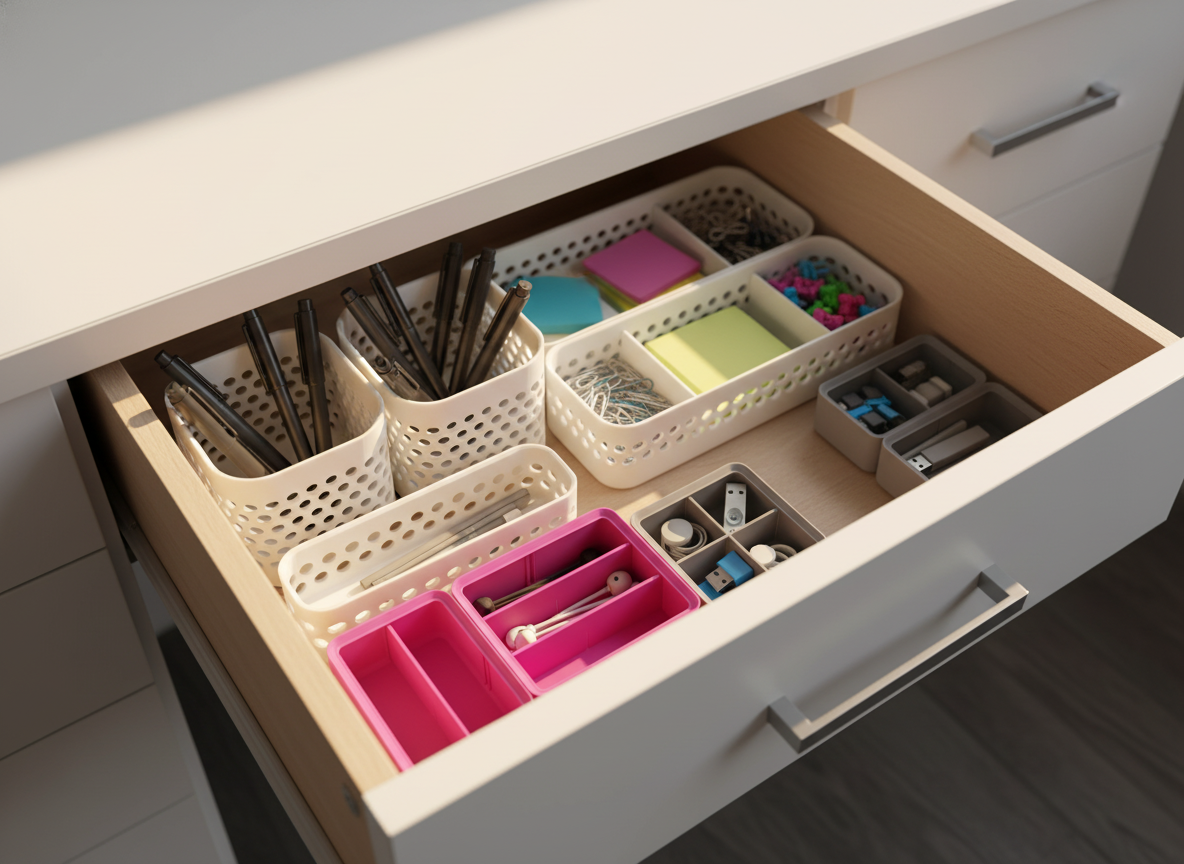Modular organizer box set arranged inside a tidy desk drawer with office accessories