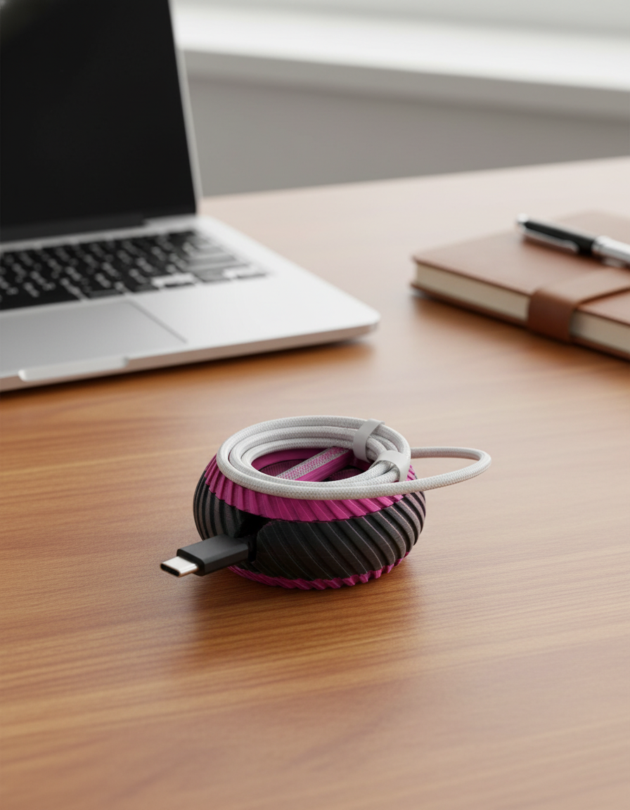 3D-printed cable winder on a tidy desk with charging cable