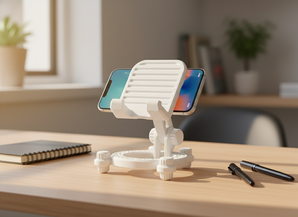 3D-printed adjustable phone stand holding a smartphone on a tidy desk